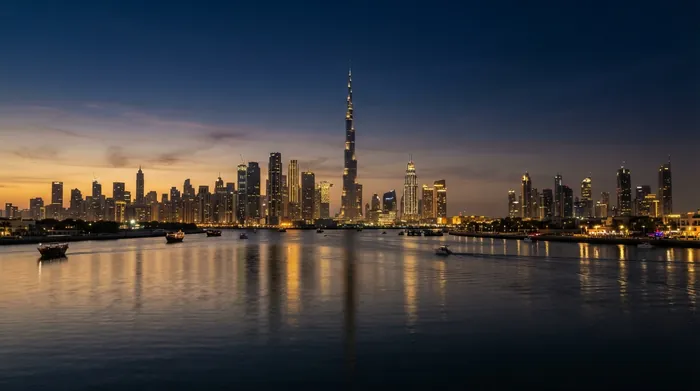 Dubai skyline at golden hour with Burj Khalifa