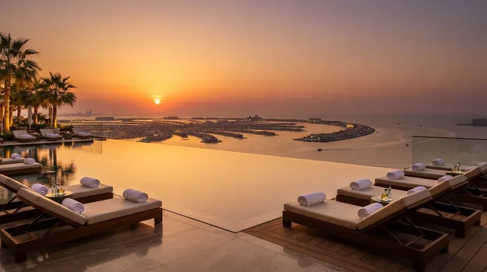 Infinity pool overlooking Palm Jumeirah at sunset