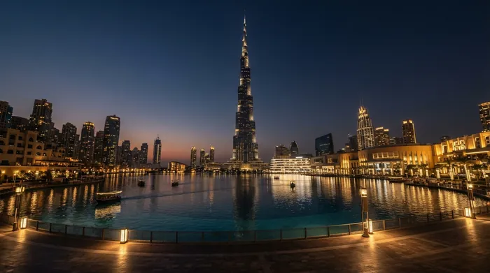 Burj Khalifa glowing at dusk over the Dubai Fountain lake