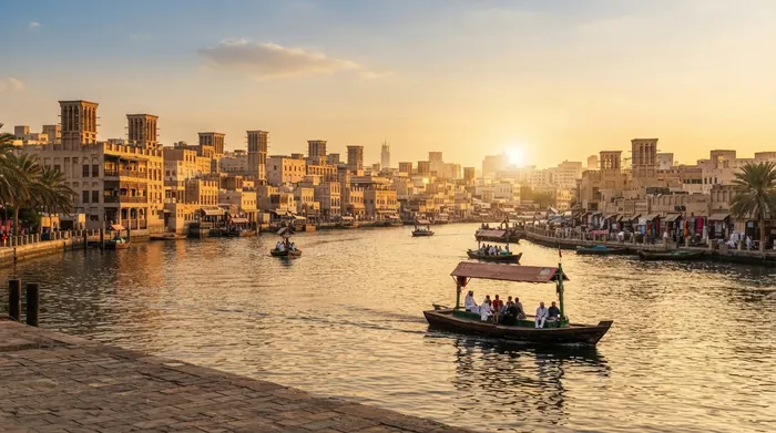 Traditional abra boats on Dubai Creek at golden hour