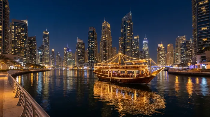 Illuminated dhow cruise boat in Dubai Marina at night